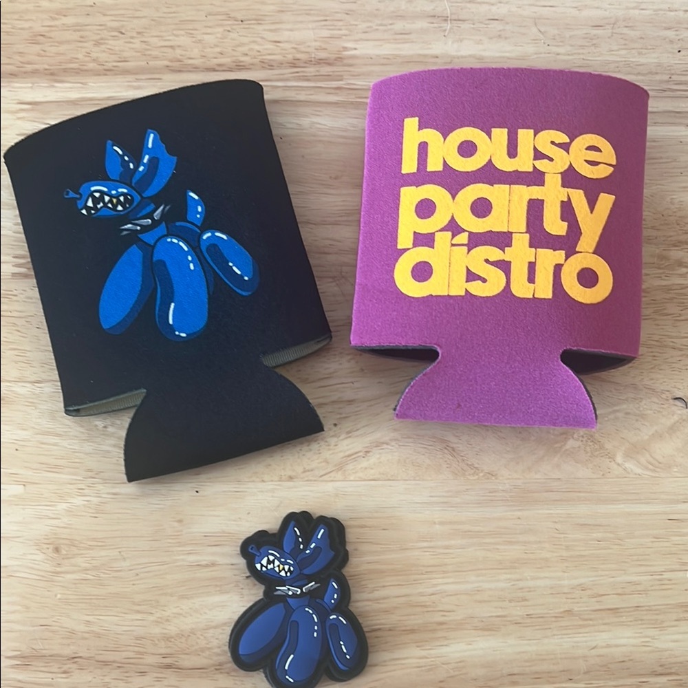 House Party Distro Can Coolers with Blue Balloon Dog Patch